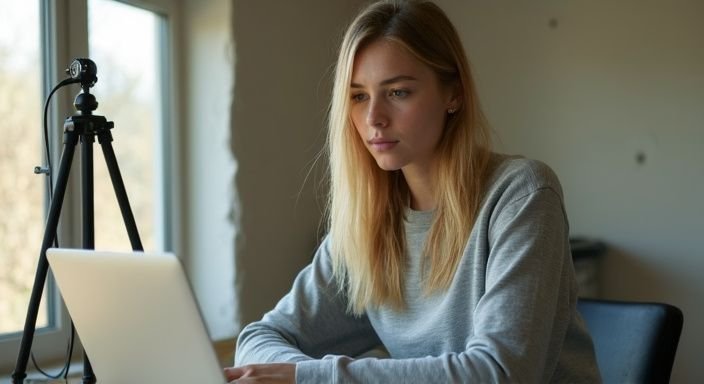 Een jonge vrouw kijkt gefocust naar haar laptopscherm aan een bureau