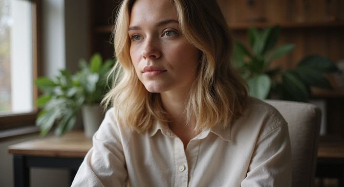 Een jonge vrouw in een ontspannen houding tijdens een livestream voor blondines webcamseks