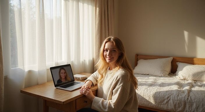 Een gezellige slaapkamer met een laptop en een vriendelijke vrouw op beeld