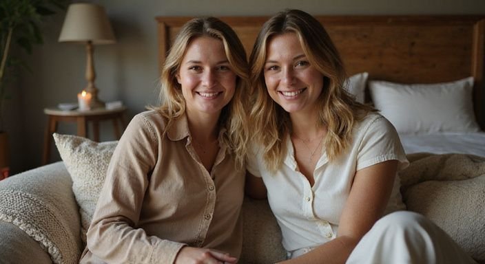 Twee vrouwen lachen samen in een gezellige slaapkamer