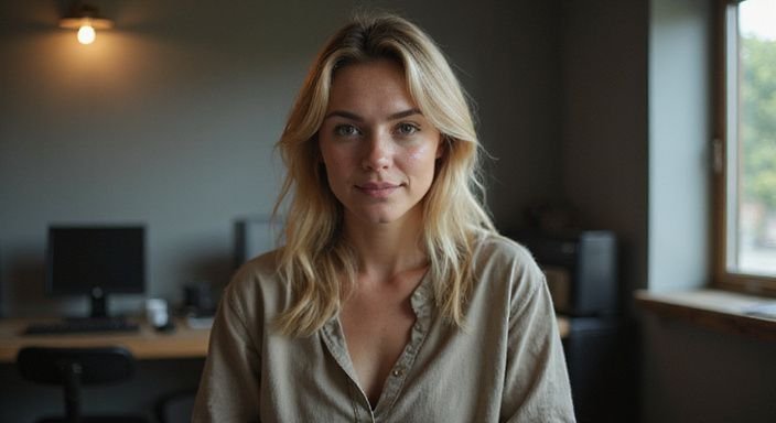 Vrouw met ontspannen glimlach op computerbeeldscherm, gekleed in eenvoudige blouse