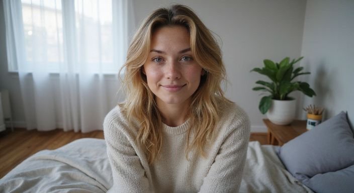Jonge vrouw met blonde haren glimlacht op een bed in haar kamer