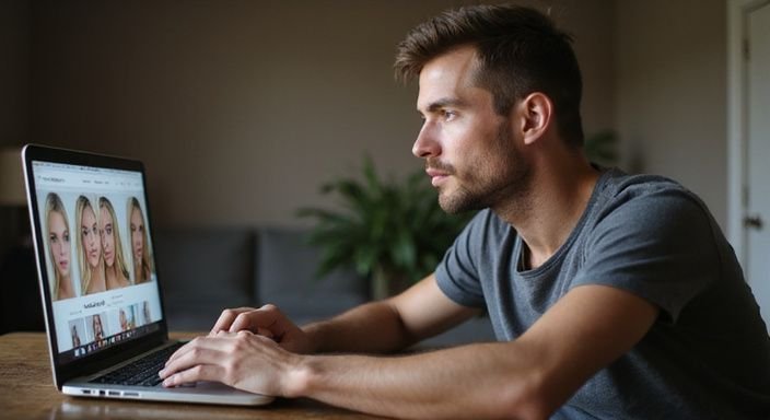 Een jonge man in een T shirt zoekt geconcentreerd op zijn laptop naar blondines webcamseks.
