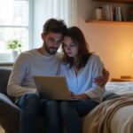 Een stel geniet van een rustige, gezamenlijke laptopmoment in hun slaapkamer