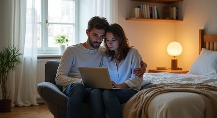 Een stel geniet van een rustige, gezamenlijke laptopmoment in hun slaapkamer