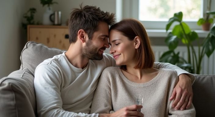 Een man en vrouw delen een intieme en nieuwsgierige verbinding op de bank.