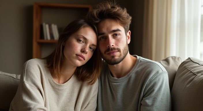 Een vrouw en man zitten dichtbij op een versleten bank.