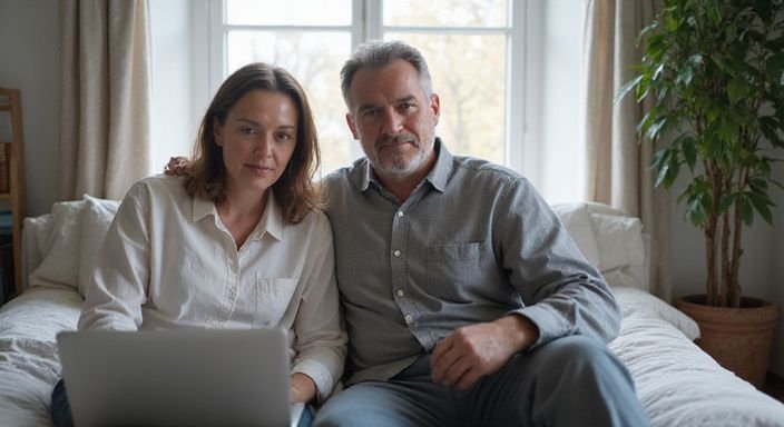 Een middel ouder echtpaar zit ontspannen op hun bed met een laptop.