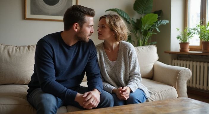 Een man en vrouw hebben een intieme, eerlijke conversatie op de bank.