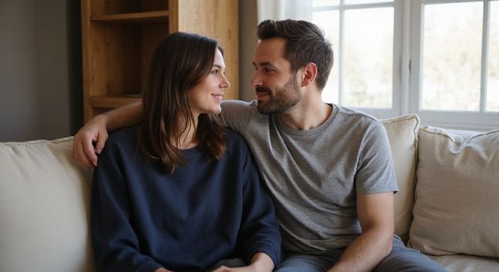 Een man en vrouw delen een intiem gesprek op een bank.