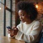 Een jonge vrouw in een koffiehuis heeft aandacht voor haar smartphone