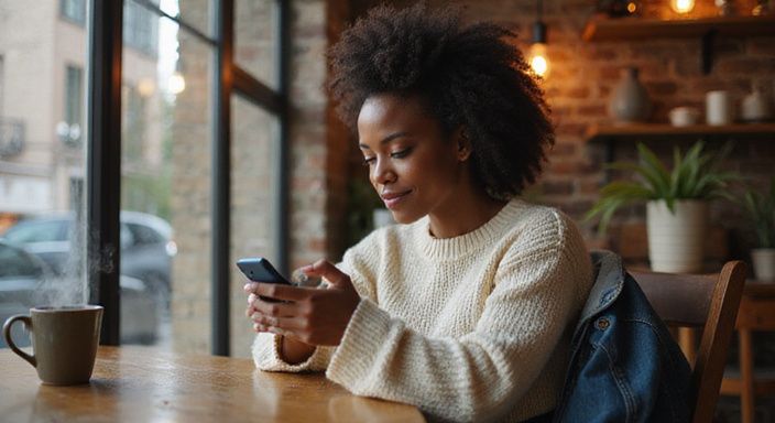 Een jonge vrouw in een koffiehuis heeft aandacht voor haar smartphone