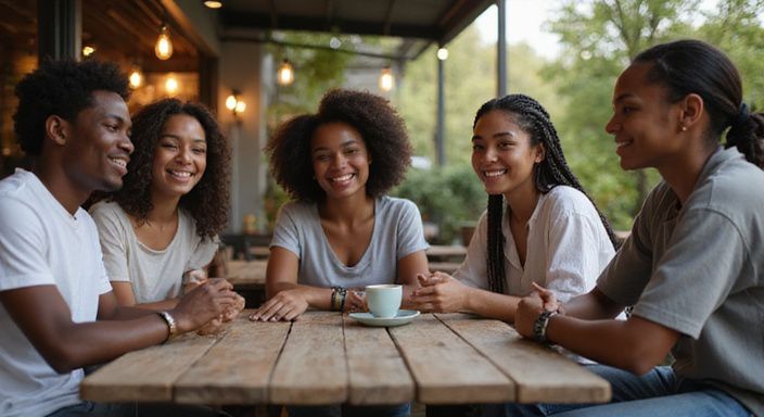 Een groep jonge volwassenen geniet van een ontspannen gesprek over donkere vrouwen dating in een café.