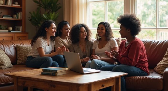 Een diverse groep vrouwen bespreekt zelfvertrouwen en zelfbeeld in een gezellige woonkamer.