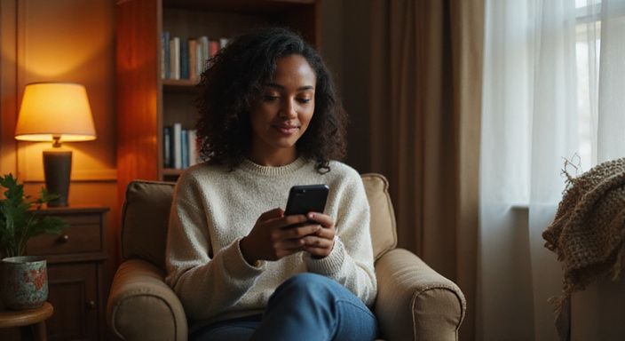 Een vrouw zit ontspannen in een gezellige woonkamer met een smartphone.