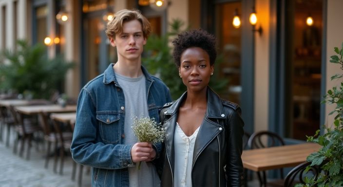 Twee jonge mensen ontmoeten elkaar buiten een modern café.