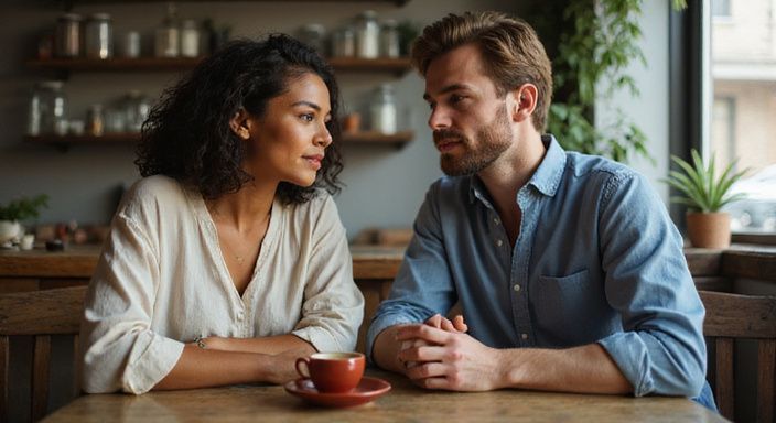 Een vrouw en een man delen een intiem gesprek over donkere vrouwen dating aan tafel.