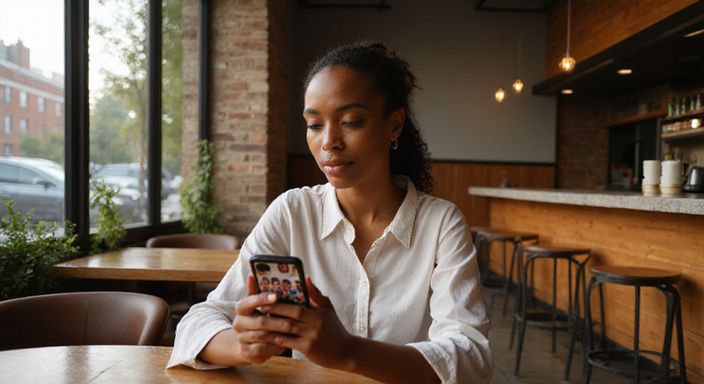 Een vrouw is geconcentreerd op een dating-app in een café.