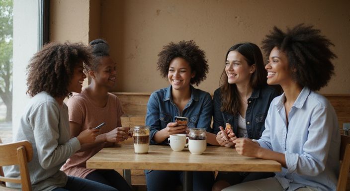 Vrienden delen gelach en datingprofielen voor donkere vrouwen dating in een gezellig café.