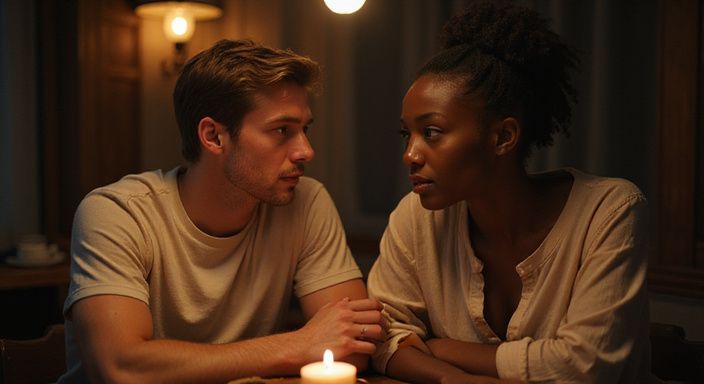 Een jonge man en vrouw delen een intiem moment aan tafel.