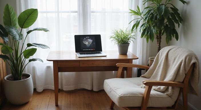 Een rustige slaapkamer met een laptop en groene kamerplanten.