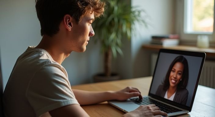 Een jongeman zit in een eenvoudige kamer, gefocust op zijn laptop op zoek naar ebony webcamsex.