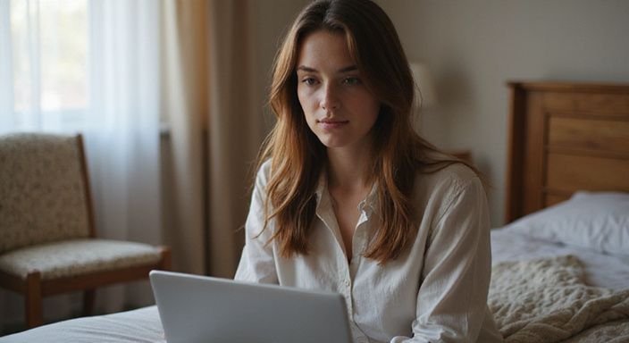 Een jonge vrouw zit op een bed met een laptop en wil lesbian webcamsex.