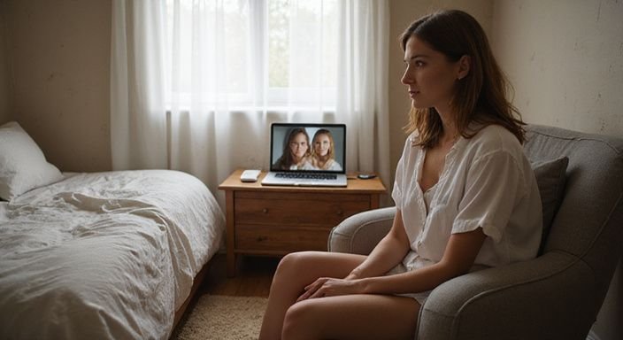 Een vrouw zit ontspannen in een warme, sfeervolle slaapkamer.