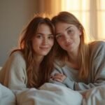 Lesbian Webcamsex: Gratis en Hoogwaardige Video's en Chats Twee vrouwen zitten dichtbij op een bed in een warme slaapkamer