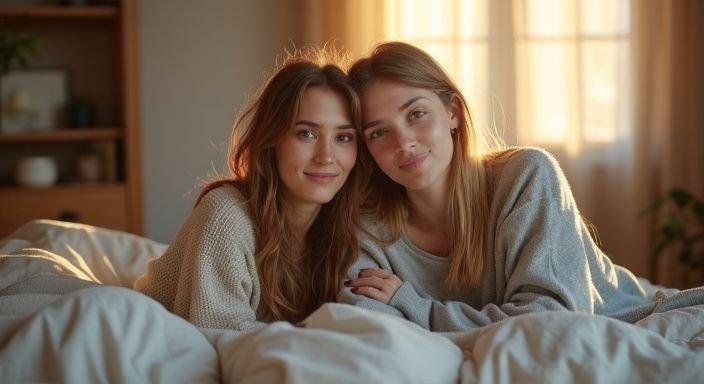 Twee vrouwen zitten dichtbij op een bed in een warme slaapkamer