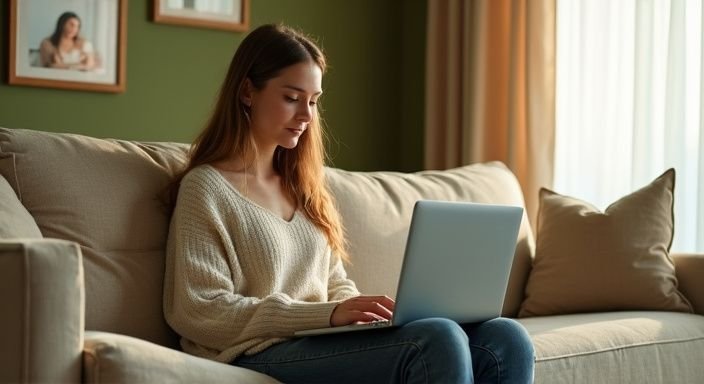 Een vrouw zit ontspannen op een bank met een laptop op schoot en zoekt naar lesbian webcamsex.