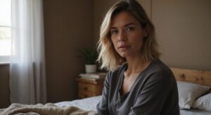 Een vrouw in een slaapkamer, gefocust op de webcam