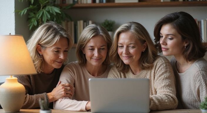 Vrouwen van middelbare leeftijd delen een intiem moment rond een laptop. Vrouwen van middelbare leeftijd delen een intiem moment rond een laptop.
