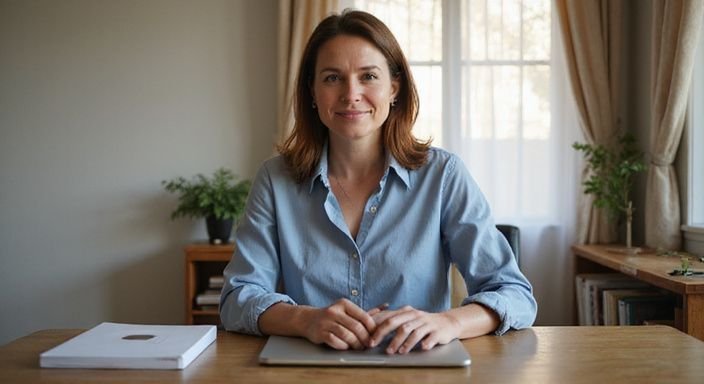 Een vrouw in een huiselijke kantoorruimte, ontspannen en professioneel. Een vrouw in een huiselijke kantoorruimte, ontspannen en professioneel.