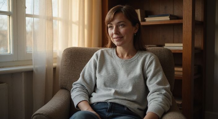 Een vrouw in een comfortabele stoel met een natuurlijke glimlach. Een vrouw in een comfortabele stoel met een natuurlijke glimlach.