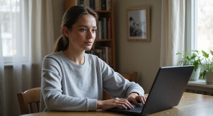Een vrouw in haar vroege veertig zittend aan een bureau. Een vrouw in haar vroege veertig zittend aan een bureau zoekt naar milf webcamsex.