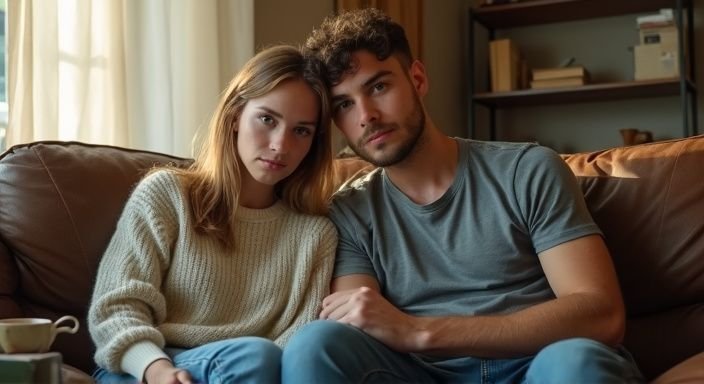 Een jong stel zit samen op een versleten leren bank. Een jong stel zit samen op een versleten leren bank