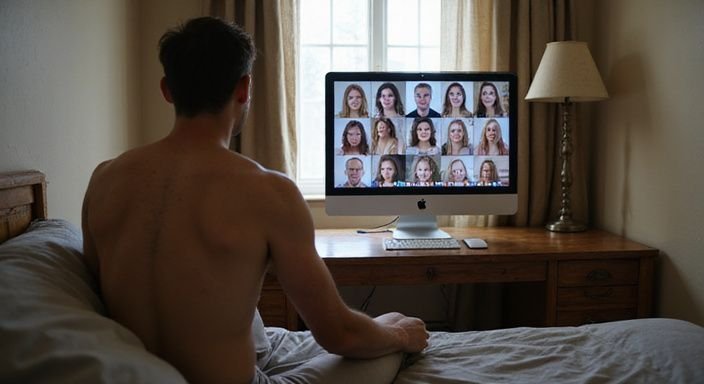 Een eenvoudige slaapkamer met een computer en foto's van transgender performers. Een eenvoudige slaapkamer met een computer met profielen voor trans webcamseks.