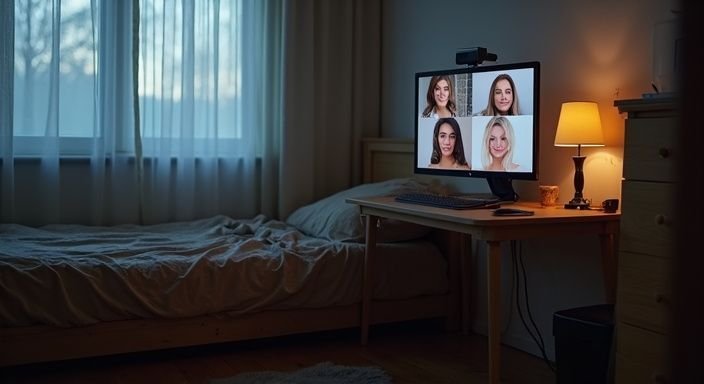 Een slaapkamer met een computer die transgender performers in een show toont. Een slaapkamer met een computer die transgender performers in een trans webcamseks show toont
