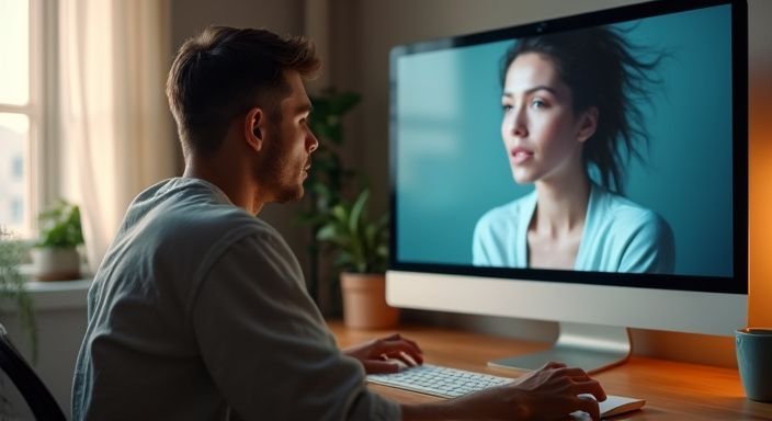 Caucasian individu in casual outfit, geconcentreerd achter computer met online gesprek. Caucasian individu in casual outfit, geconcentreerd achter computer voor trans webcamseks