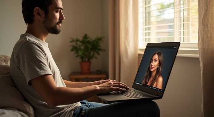 Een persoon zit op een bed en chat via een laptop. Een persoon zit op een bed en chat via een laptop