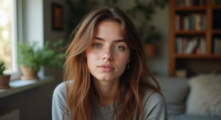 Een jonge vrouw in een comfortabele sweatshirt zit voor haar webcam. Een jonge vrouw in een comfortabele sweatshirt zit voor haar webcam en wil trans webcamseks.