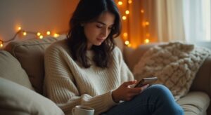 Een trans vrouw ontspant op een bank met haar smartphone