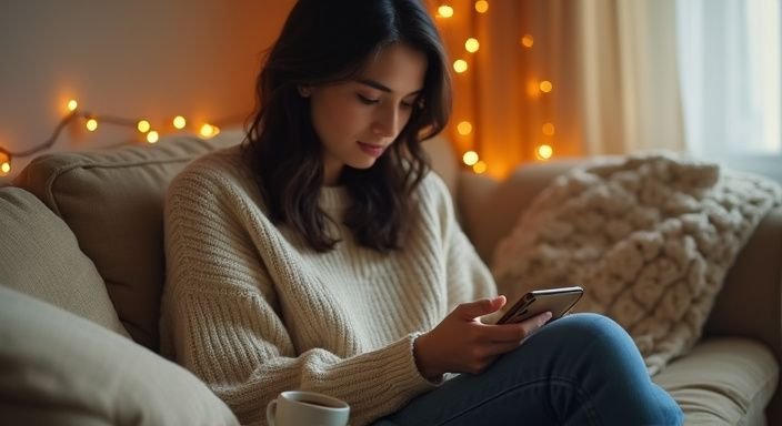 Een trans vrouw ontspant op een bank met haar smartphone.