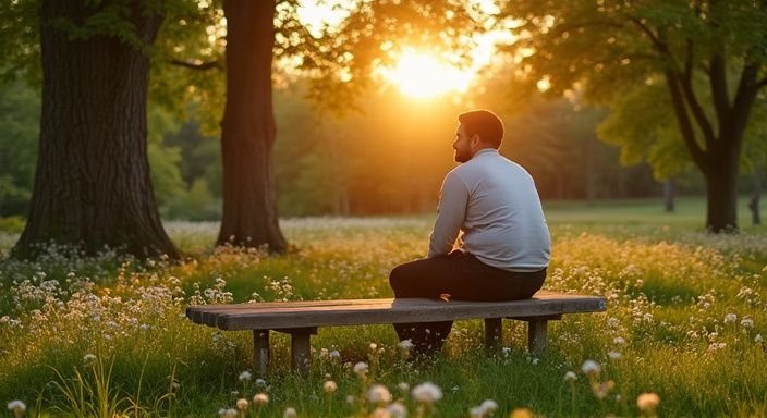 Een persoon zit ontspannen op een bank in een rustig park.