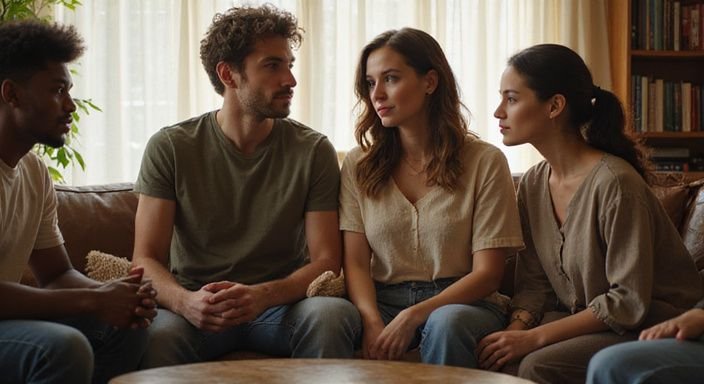 Groep jonge volwassenen bespreekt datingveiligheid en eerlijkheid in een woonkamer.