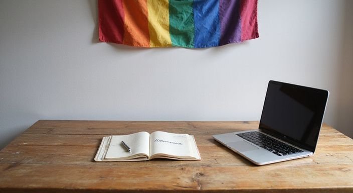 Een houten bureau met een laptop, notitieboek en regenboogvlag.