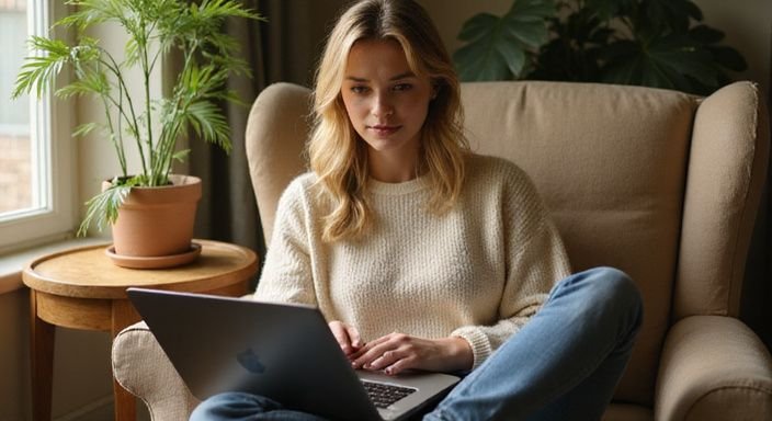 Een vrouw zit in een stoel met een laptop en smartphone.