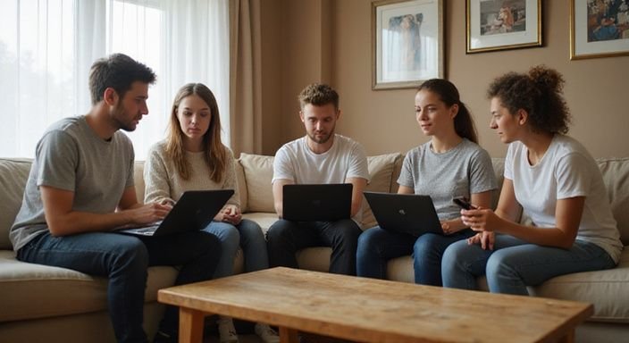 Vijf jonge volwassenen zijn verdiept in een geconcentreerd gesprek.