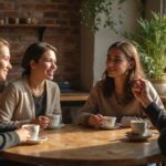 Een diverse groep jongeren bespreekt relaties in een gezellige café